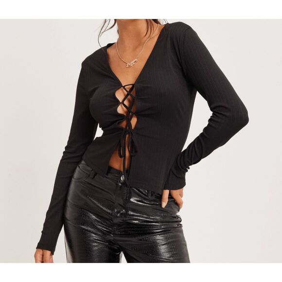 Urban Outfitters* Corset Front Long Sleeve Black Shirt, Size Medium - Picture 1 of 8